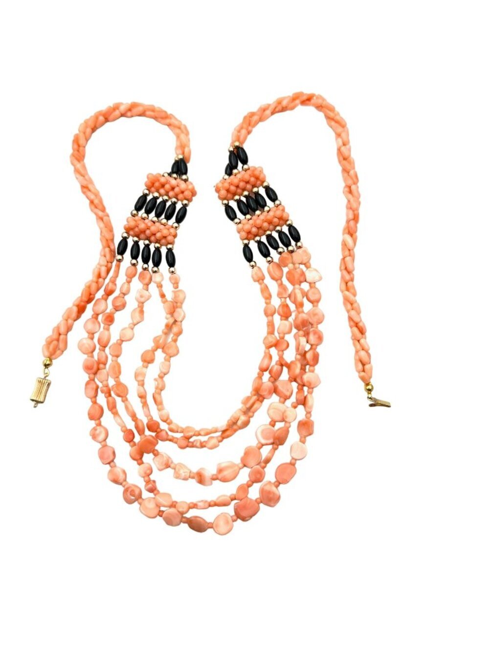 Vintage 14K Gold Womens Necklace Angel Skin Coral Coral Multi Strand 44 Grams